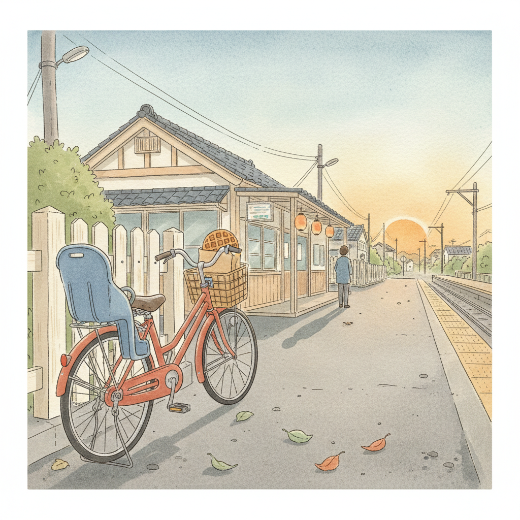 駅前に停められた自転車の後ろ座席、イラスト、夕方の光