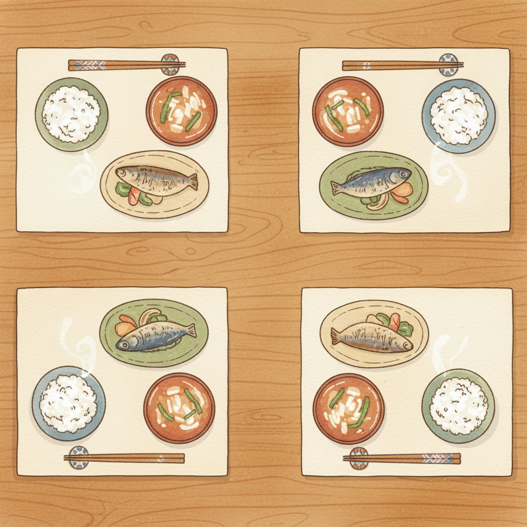 家族4人の夕食の食卓を真上から、イラスト、ごはんと味噌汁の湯気