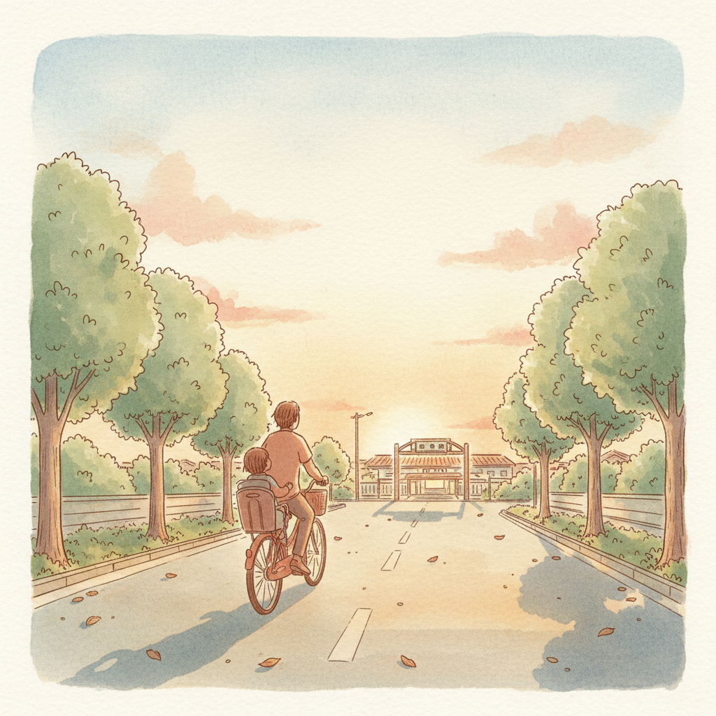 夕暮れの住宅街を走る自転車。後部座席に子供を乗せた父の後ろ姿、POPイラスト