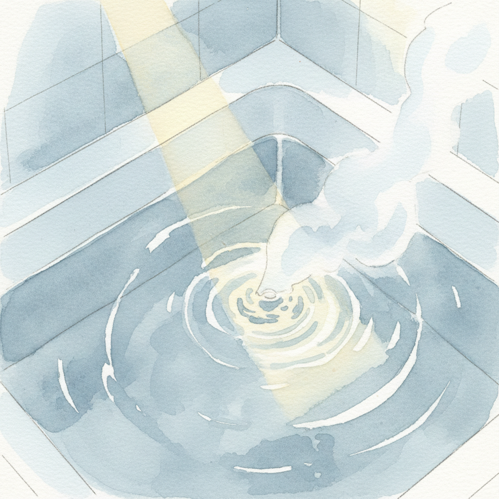 湯船の水面に天井から光が差し込み、湯気が立ち上るPOP水彩イラスト