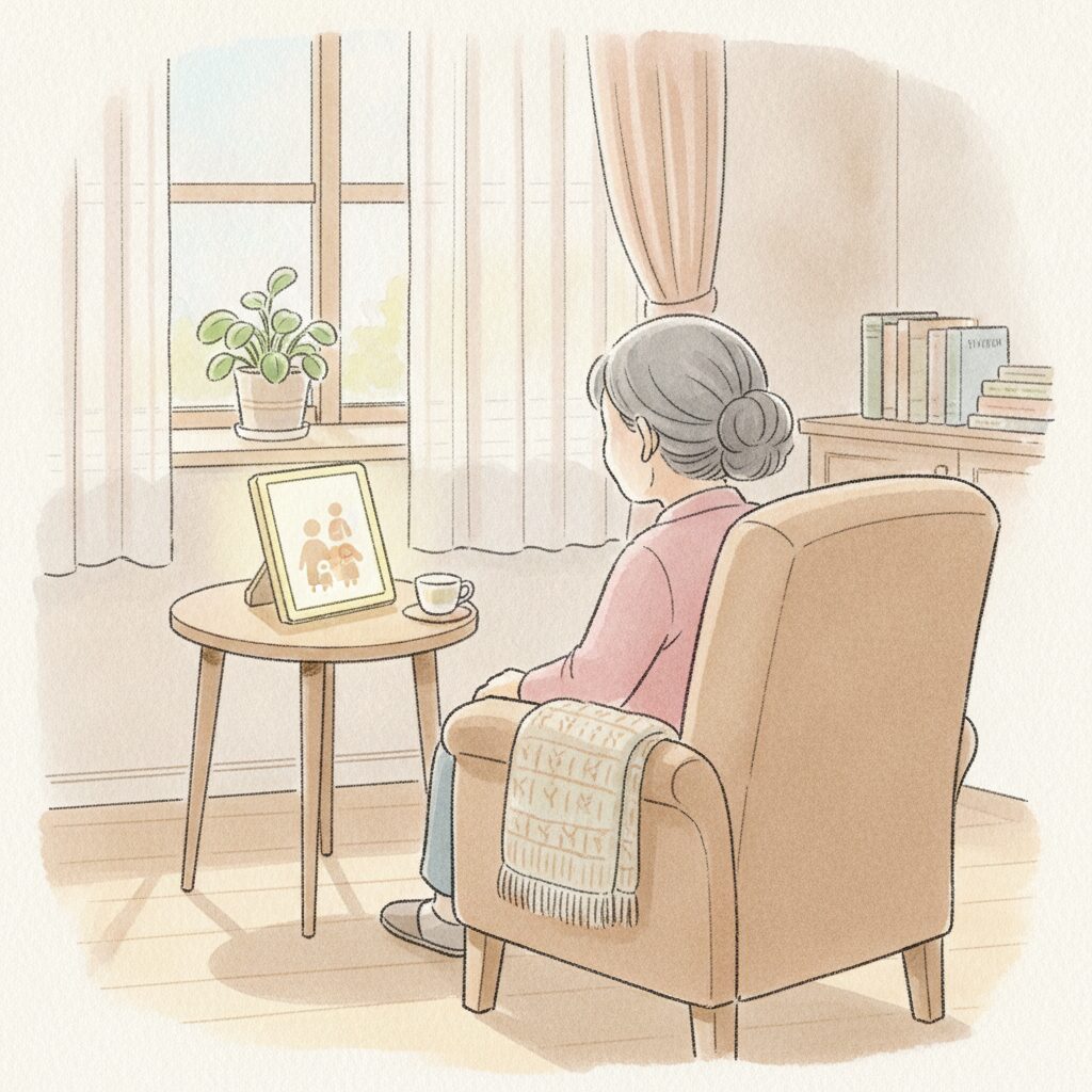 施設の部屋でデジタルフォトフレームを眺めるおばあちゃんのイラスト