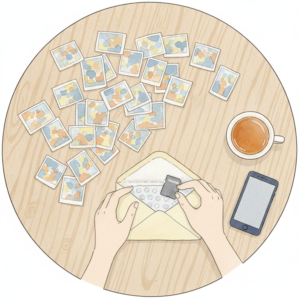 家族写真を集めてSDカードを封筒に入れる手元のイラスト