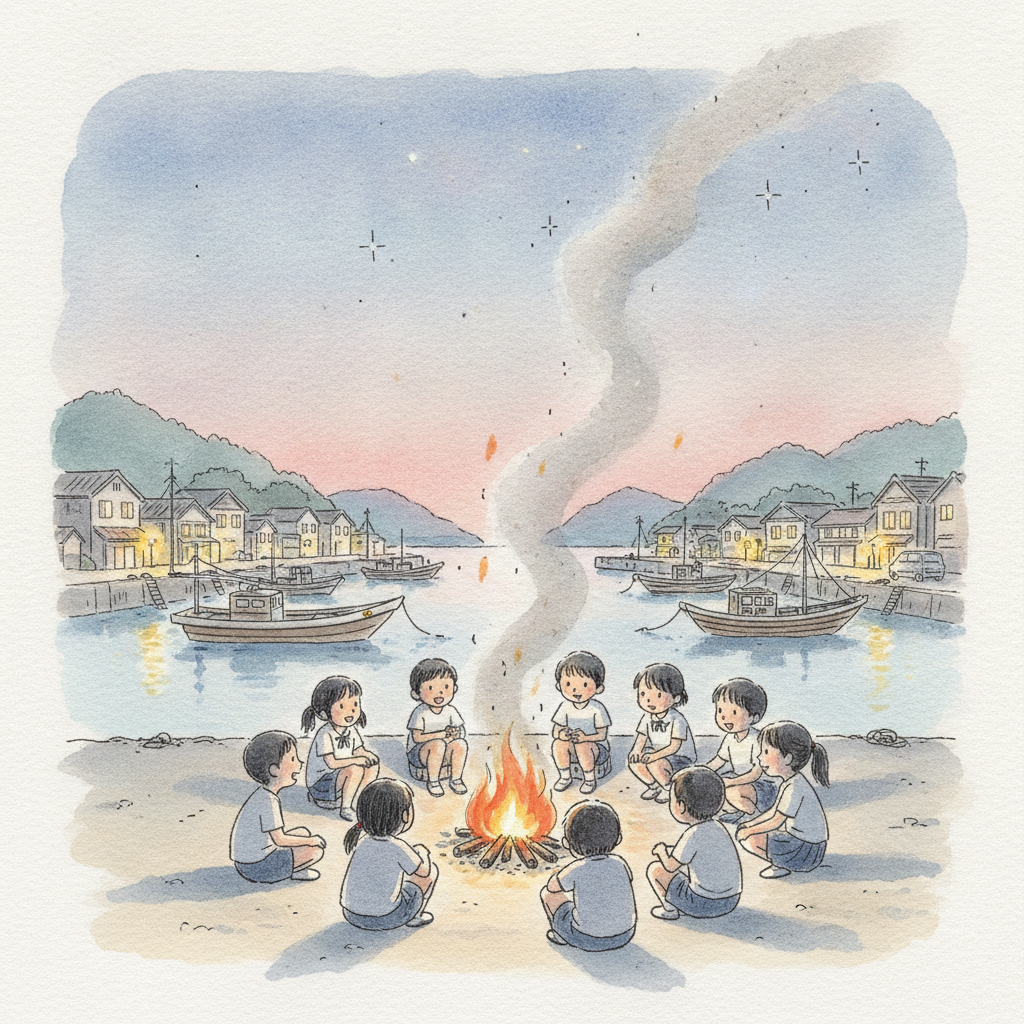 港町のキャンプファイヤーを囲む子どもたちのイラスト