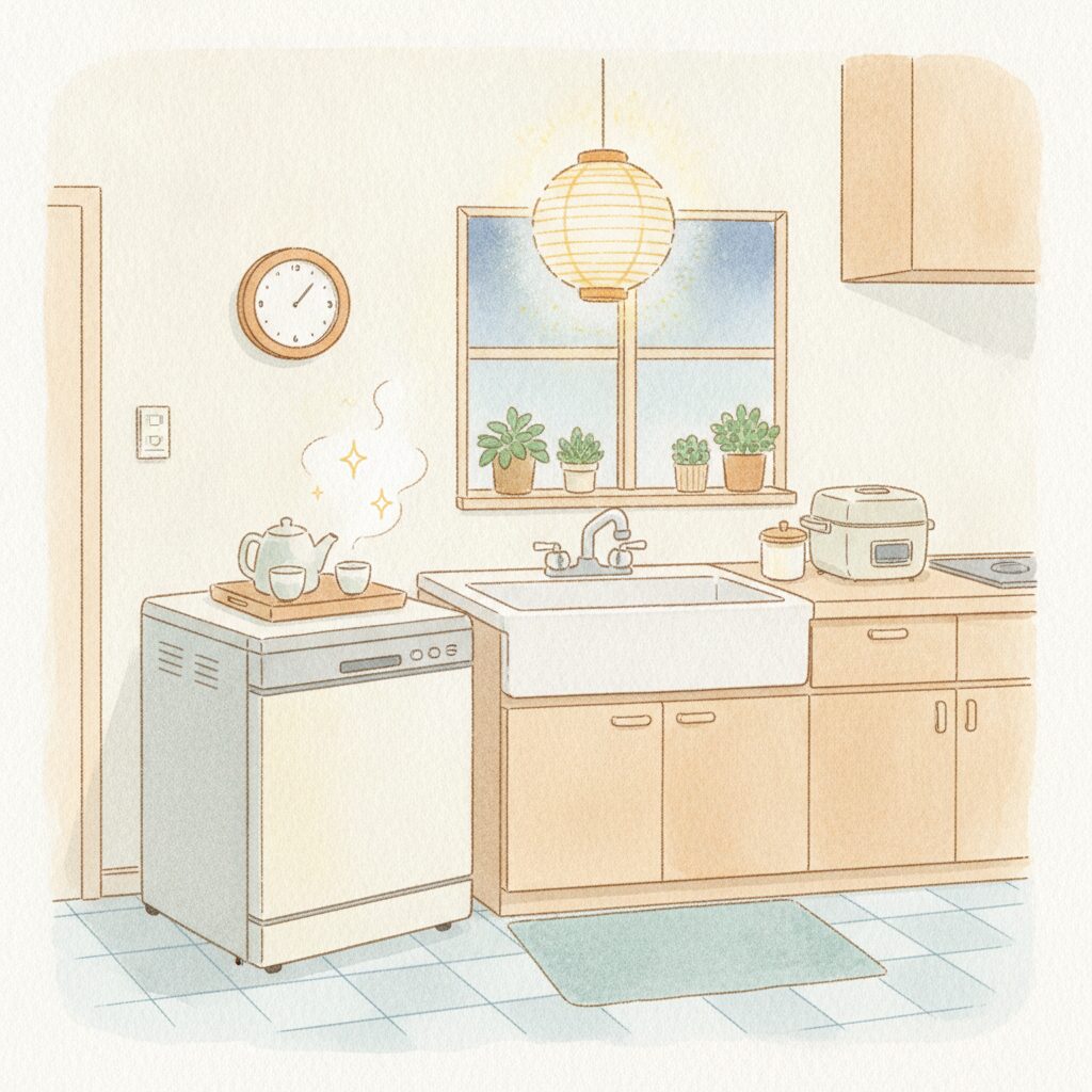 夜のキッチンで静かに動く食洗機(イラスト)