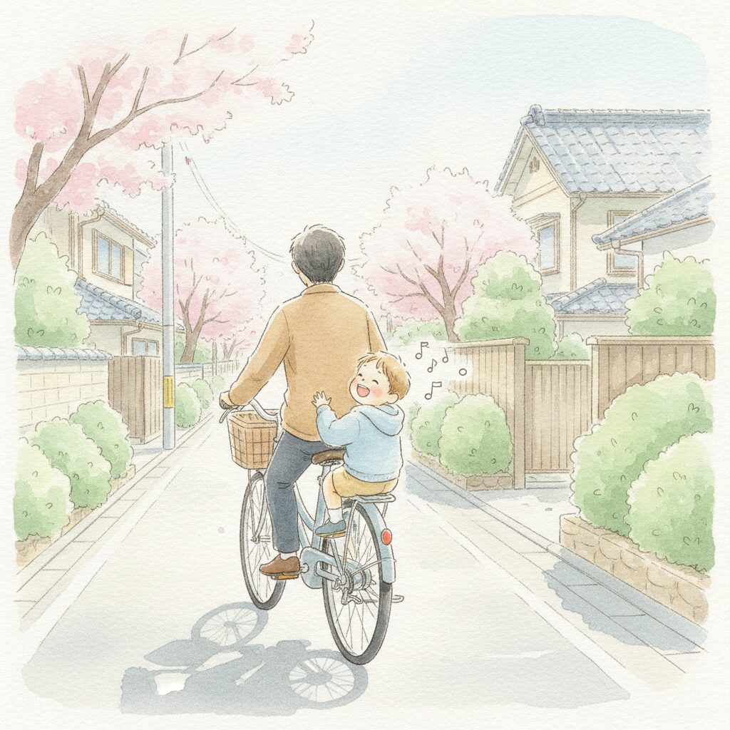 自転車の後ろの席で歌う男の子と、漕ぐ父親の後ろ姿(イラスト)