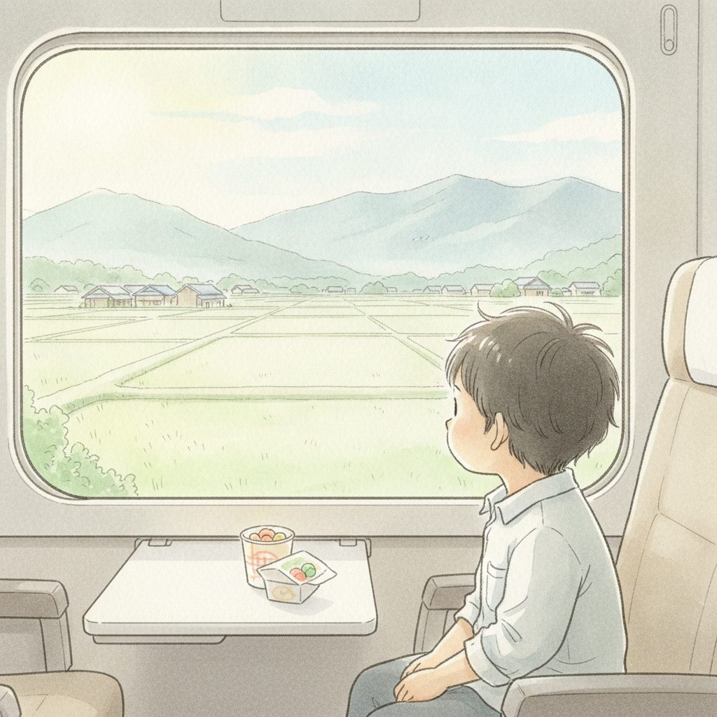 新幹線の窓際で外を眺める男の子(イラスト)