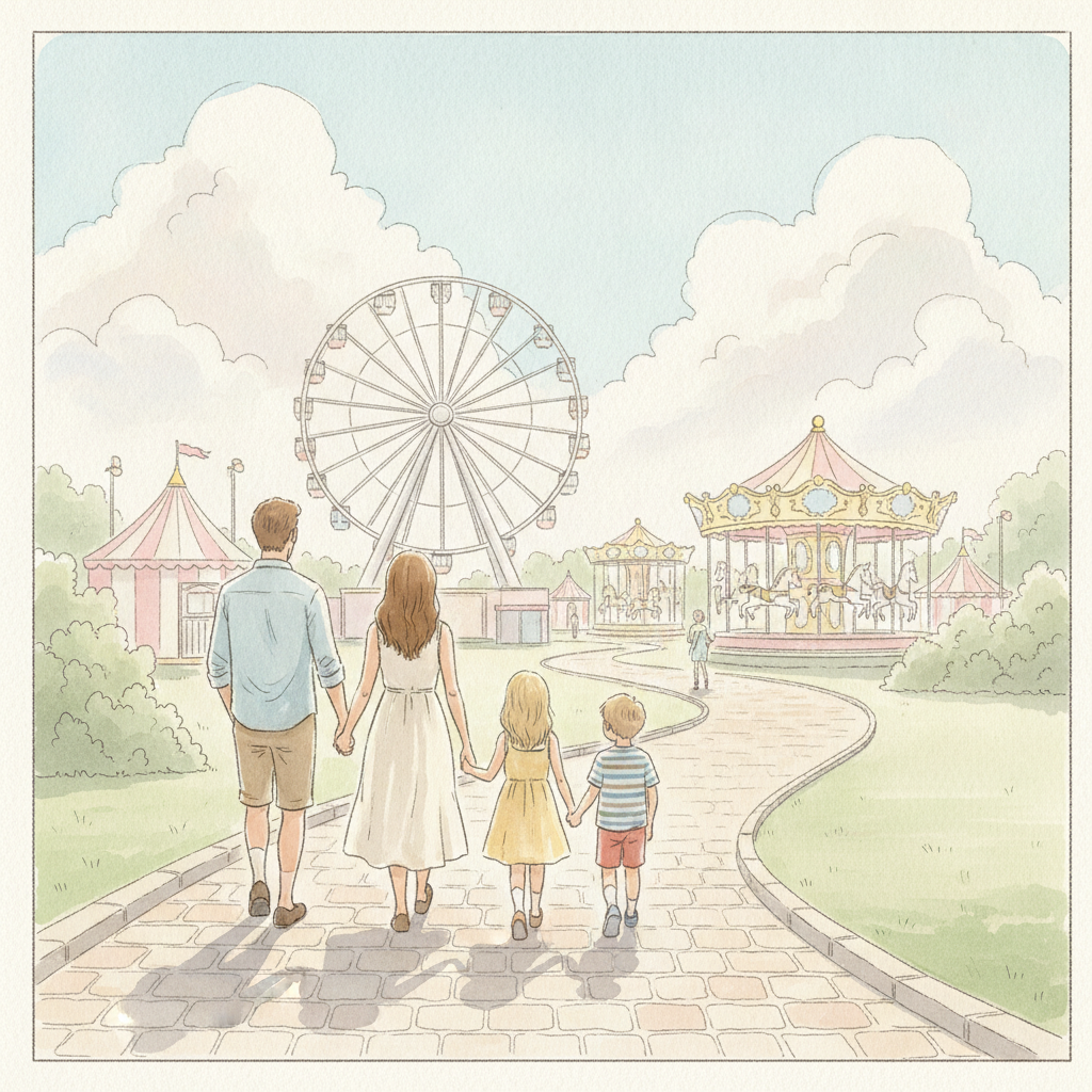 空いている遊園地を歩く家族4人のイラスト