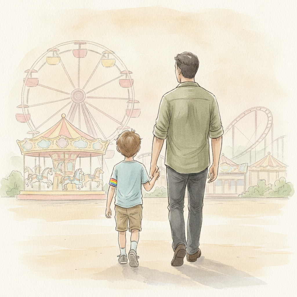 二の腕にパスをつけて父と手をつなぐ男の子のイラスト