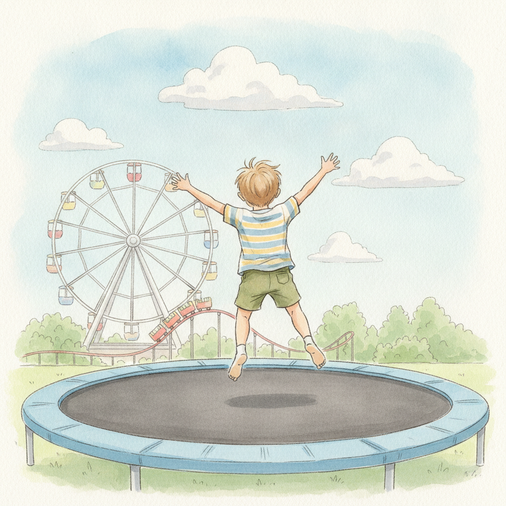 遊園地のトランポリンで跳ぶ男の子のイラスト