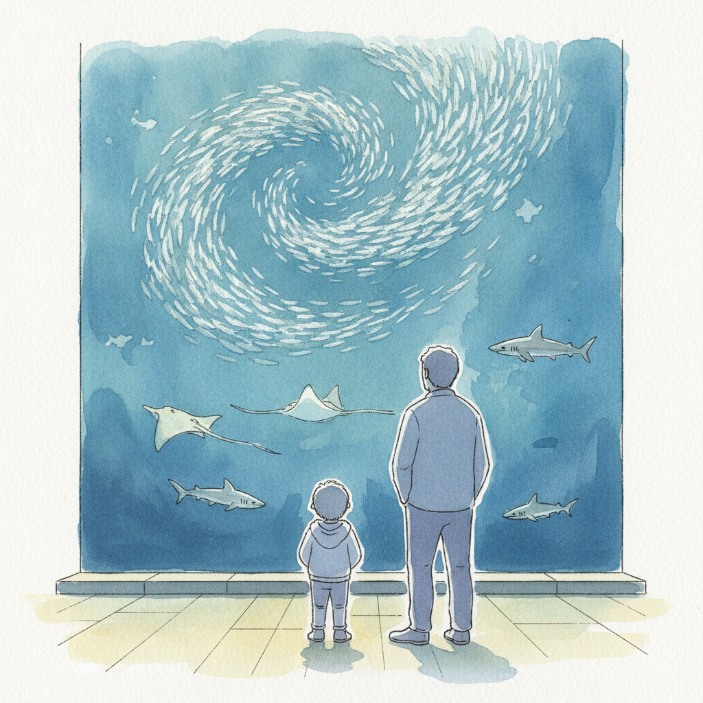 巨大水槽の前に立つ父と息子のイラスト