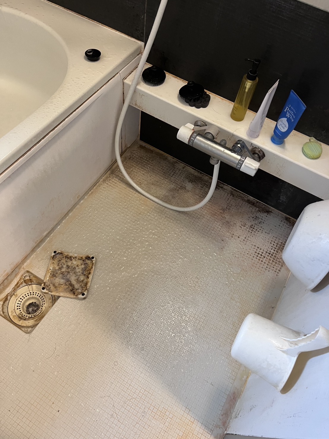 掃除前の排水口まわり。フタに汚れがこびりついている