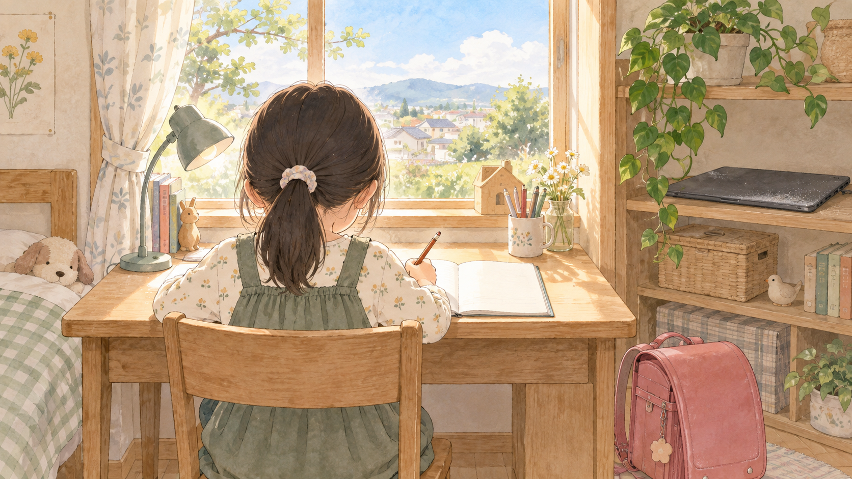 窓辺の机で宿題をする小学生の女の子の後ろ姿と、棚に置かれた使われていないタブレット