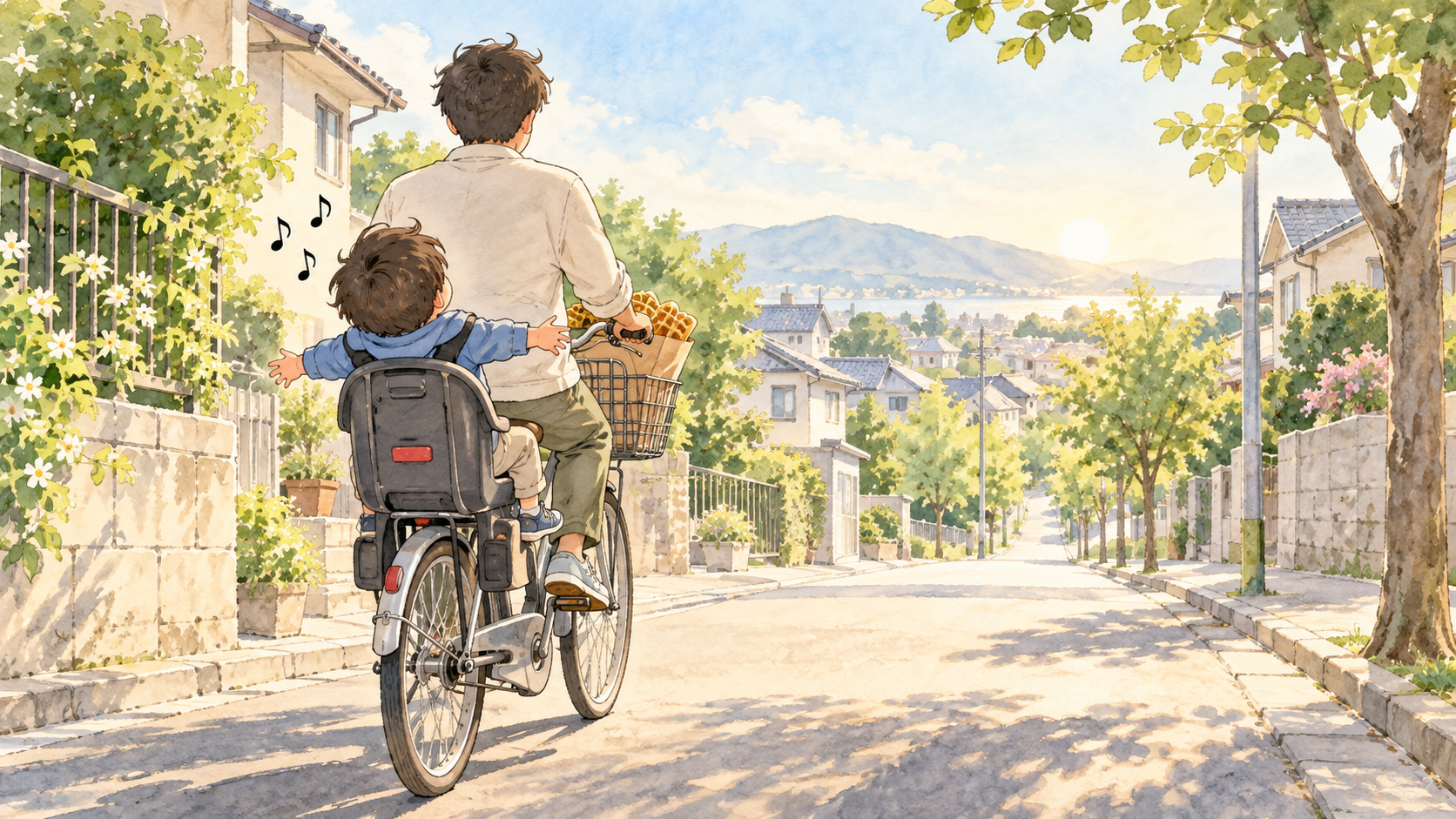 朝の住宅街を自転車で走る父と、後部座席で歌う男の子の後ろ姿。前カゴにワッフルの紙袋